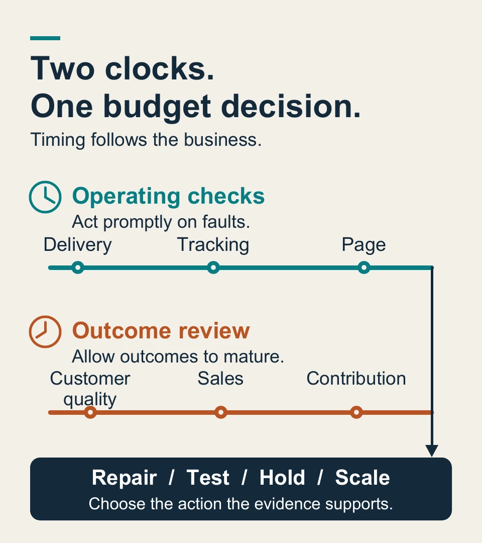 Operational checks and mature customer outcomes feed one decision: repair, test, hold or scale.